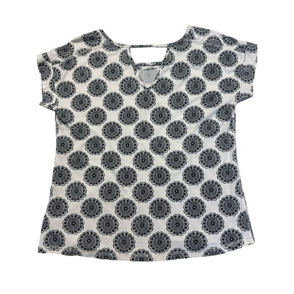 Talbots Medallion Scoop Neck Cap Sleeve Cotton Blend Top Women L White Black - Picture 5 of 9